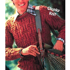 Könnte beinhalten: Ein grob gestrickter Pullover in Rostorange mit geometrischem Muster. Der Pullover hat einen Rundhalsausschnitt und lange Ärmel. Der Text "Chunky Knit" ist in der oberen rechten Ecke des Bildes sichtbar.