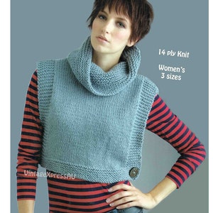 Cowl Neck Cropped Top knitting pattern in ENGLISH Women&#39;s Slipover Vest 3 sizes 28-38&quot; 70-95cm Buttoned side closure PDF digital download