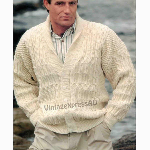 Aran Shawl Collar Jacket knitting pattern in ENGLISH cable knit DK 8 ply Men's 3 sizes 34-44" 86-112cms PDF digital download