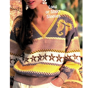 May include: A V-neck sweater with a nautical theme. The sweater features a color block design with yellow, brown, and blue stripes. It has seahorse and starfish patterns. The text "Long or Short Sleeves" is visible.