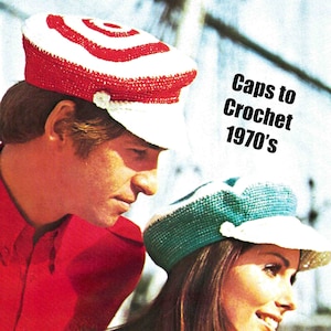 Peaked Caps Crochet Pattern Vintage 1970&#39;s Unisex Hats Retro Boho PDF Digital file download