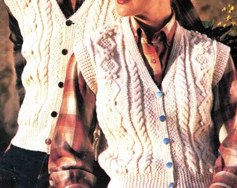 Aran Unisex Sleeveless Vest knitting pattern 8 ply DK Buttoned waistcoat 7 sizes Vintage Lady or Man PDF Download file