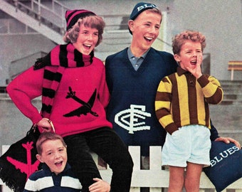 Australian Football Clubs Knitting Pattern Book in ENGLISH 1960's 23 Pages AFL Club Logo Charts VFL Sweaters Caps Scarves 8 ply Download