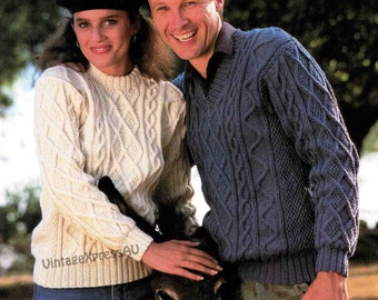 Aran Lady or Man Sweater knitting pattern V or Round neck DK 8 ply Unisex 6 sizes Women or Men PDF digital download in ENGLISH