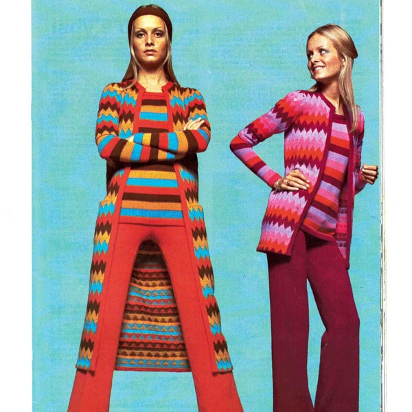 Twiggy modelled Machine Knitting Patterns early '70s in ENGLISH Retro Bohemian Jacket Skirt Sweater Coat PDF Digital Download