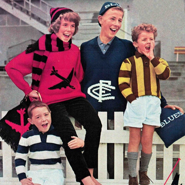 Australian Football Clubs Knitting Pattern Book in ENGLISH 1960's 23 Pages AFL Club Logo Charts VFL Sweaters Caps Scarves 8 ply Download