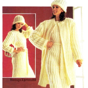 Dress Coat and Hat knitting pattern bulky 12 ply Women&#39;s 32-38&quot; 81-97cm 4 sizes Vintage PDF digital download