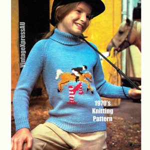 Jumping Pony Child&#39;s Sweater Knitting Pattern DK 8 ply 4 sizes 24-30&quot; Roll-Neck Horse Rider Pullover Fair Isle 1970&#39;s PDF download ENGLISH