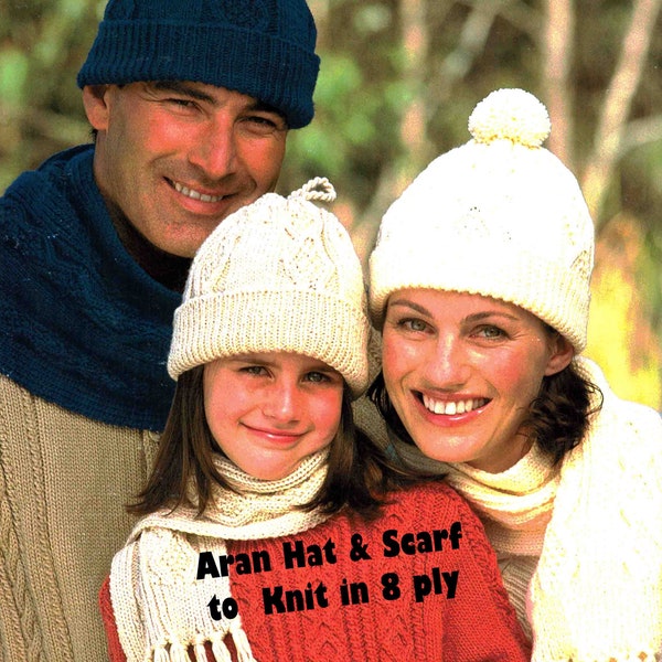 Family Aran Hat & Scarf to knit 8 ply Cable Knitting Pattern in ENGLISH Unisex Child Lady Man PDF Digital Download