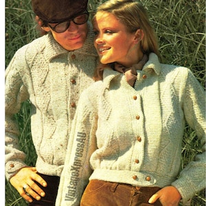 Aran Bomber style Cropped Jacket His and Hers Diamond Knitting Pattern 10 ply Man Lady Unisex 6 sizes 34-44" 86-112cm PDF Download