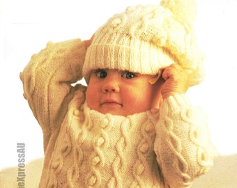 Aran Baby Toddler Sweater & Hat with Pom Pom Knitting Pattern in ENGLISH Babies 0-18 months 4 ply Vintage PDF Digital Download