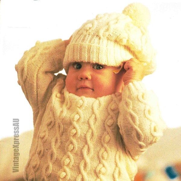 Aran Baby Toddler Sweater & Hat with Pom Pom Knitting Pattern in ENGLISH Babies 0-18 months 4 ply Vintage PDF Digital Download