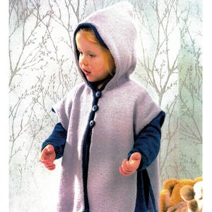 Tunika Tabard med Huva Stickmönster för barn Ärmlös 4 storlekar Unisex 16-22 tum 41-56 cm Överdrag DK 8-trådig PDF-nedladdning på ENGELSKA