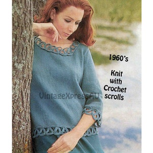 Knitted Top with Crochet Scroll edges Lady's pattern in ENGLISH 3 sizes 32-38" 5 ply Vintage 1960's PDF digital download