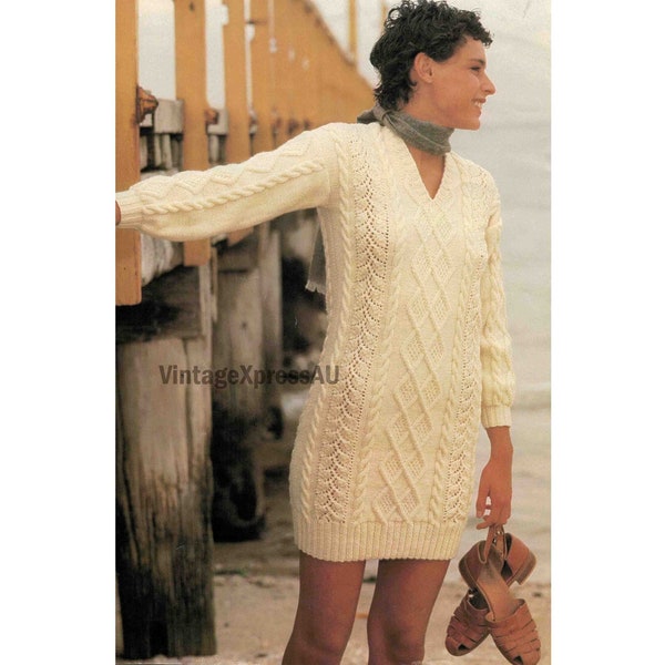 Aran Sweater Dress Knitting Pattern in ENGLISH 8 ply Women's Long Jumper 75-95cm PDF Digital Download