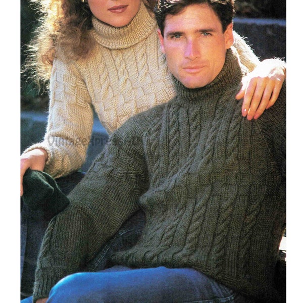 Cable Polo Neck sweater knitting pattern Pullover Rolled collar Man & Lady 4 sizes for each Aran 10 ply PDF digital download