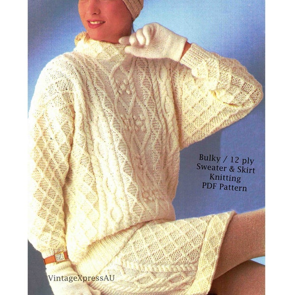 Aran Cable Sweater and Skirt 2-piece Knitting Pattern bulky 12 ply Lady's 2 sizes PDF Digital Download