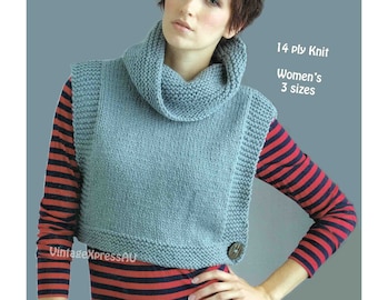 Cowl Neck Cropped Top knitting pattern Women's Slip-on 3 sizes 28-38" 70-95cm Buttoned side closure PDF digital download