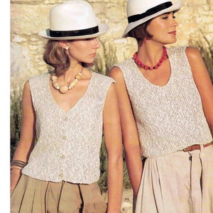 Knit Rib Top Slipover & Waistcoat Vest knitting pattern in ENGLISH Linen look 2 designs in 1 Lady&#39;s 4 sizes 32-38&quot; 81-97cms