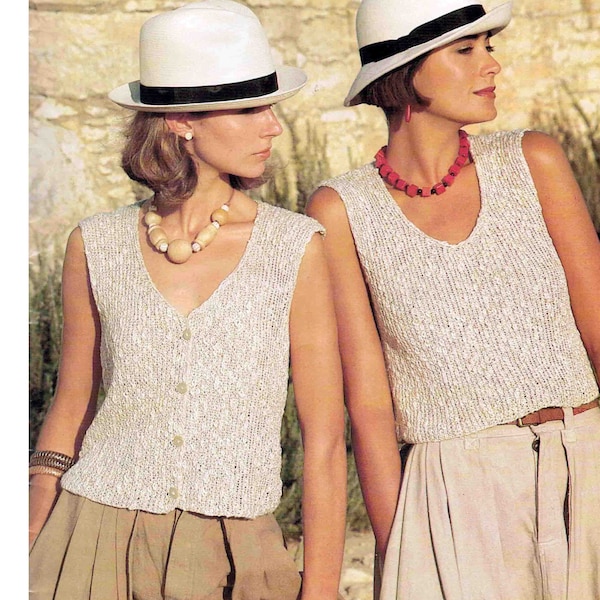 Knit Rib Top Slipover & Waistcoat Vest knitting pattern in ENGLISH Linen look 2 designs in 1 Lady's 4 sizes 32-38" 81-97cms