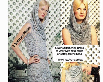 Maxi Dress with Hood or Cowl Collar crochet pattern 2 Separate pieces Lady's Evening Formal Wedding gown 3 sizes PDF digital download