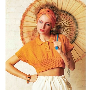 Crop Top Lady&#39;s Knitting pattern 5 ply Sport-weight Cropped 76-102cms 30-40&quot; Tab front and Collar PDF digital download in ENGLISH