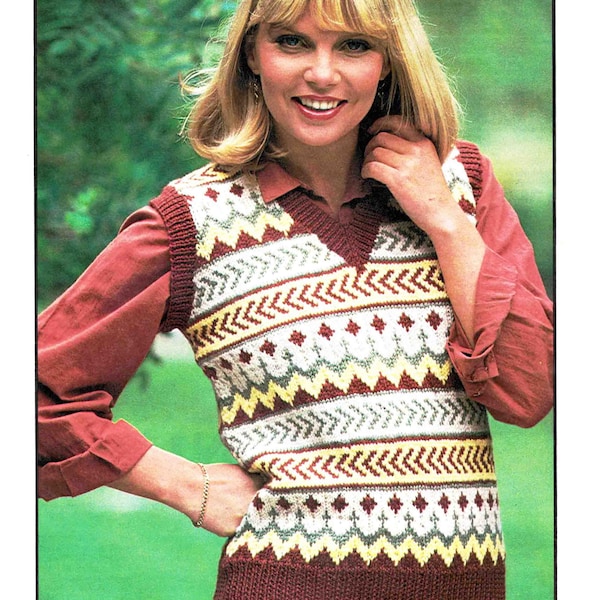 vintage Fair Isle Vest Knitting Pattern Unisex Chest 81-102cm Pull sans manches des années 1980 PDF Téléchargement numérique