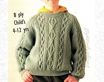 Aran Child's Cable Knit Sweater Jumper Knitting Pattern DK / 8 ply Vintage Raglan Sleeve PDF Digital Download