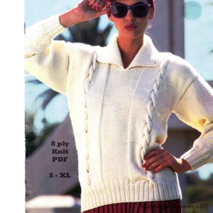 Lady&#39;s 2 Cable Sweater with Collar Knitting Pattern 8 ply Jumper Sizes S to XL Vintage PDF Digital Download