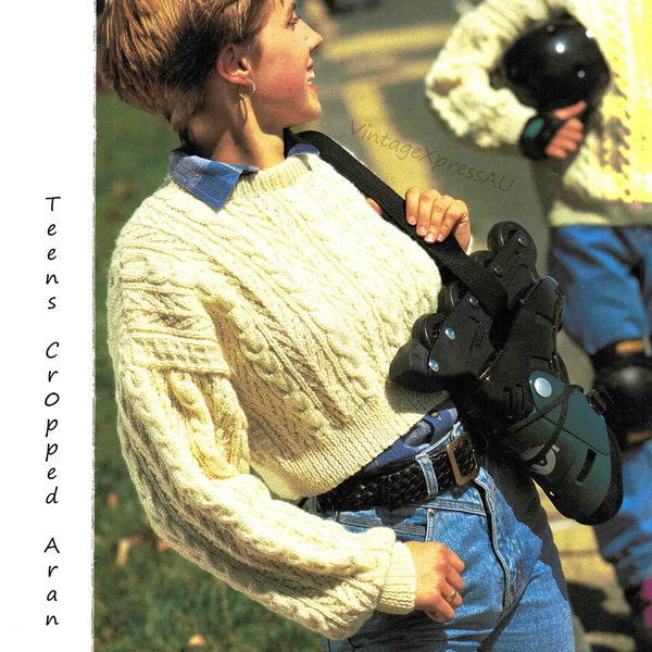 Cropped Aran Sweater Jumper Knitting Pattern young adults 75-90cm DK / 8 ply ~ 2 Length Variations ~ 10-16 years PDF Digital Download