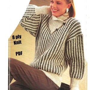 May include: A knitted sweater with a striped pattern in brown and white. The sweater has a high neck and a button closure. The sweater is 8 ply knit.
