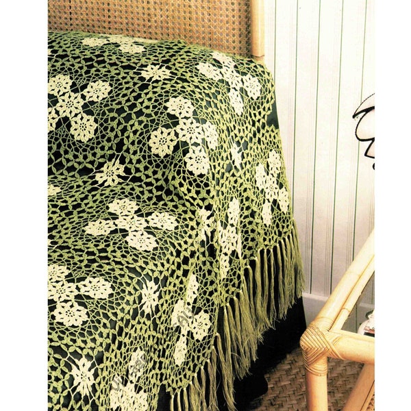 Bedspread with Fringing Pistachio crochet pattern  161 x 230cm Vintage Crocheted Bedcover 63.1/2 x 90.1/2" PDF digital download