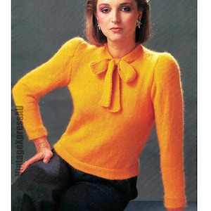 Tie Bow at Neckline Sweater Knitting pattern 4 ply / DK Angora look Lady's 81-107cm 3 sizes PDF download in ENGLISH