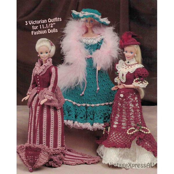 Fashion Doll 3 Victorian Outfits 1880's crochet pattern ~ 11.1/2" dolls ~ Dresses Hats Parasol Boa PDF Digital download