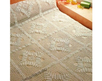 Bedspread filet crochet pattern Lace bedcover Vintage 168x210cm 66x82.1/2" Coverlet PDF Digital download
