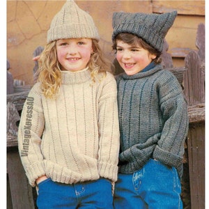 Tunic Sweater and Hat Child's knitting pattern Rolled or Rib Neck DK 8 ply Children 4-12 yrs 5 sizes 60-80cm 24-32in PDF download in ENGLISH