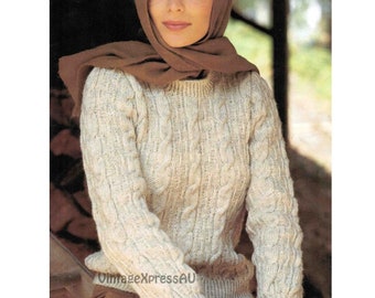 Cable Knit Round Neck Sweater Women's Knitting Pattern Cabled DK 8 ply 5 sizes 32.1/2-40.1/2" 83-103cms PDF digital download