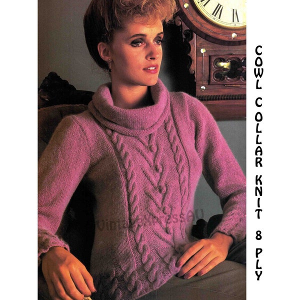 Cowl Collar Sweater Knitting pattern in ENGLISH Lady's Pullover Roll neck 6 sizes 30-40" 76-102cm DK 8 ply Vintage PDF digital download