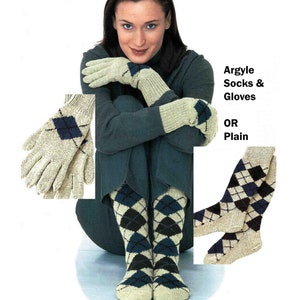 May include: A pair of beige knitted gloves and socks with a diamond pattern in blue and black. The text "Argyle Socks & Gloves OR Plain" is visible in the image.
