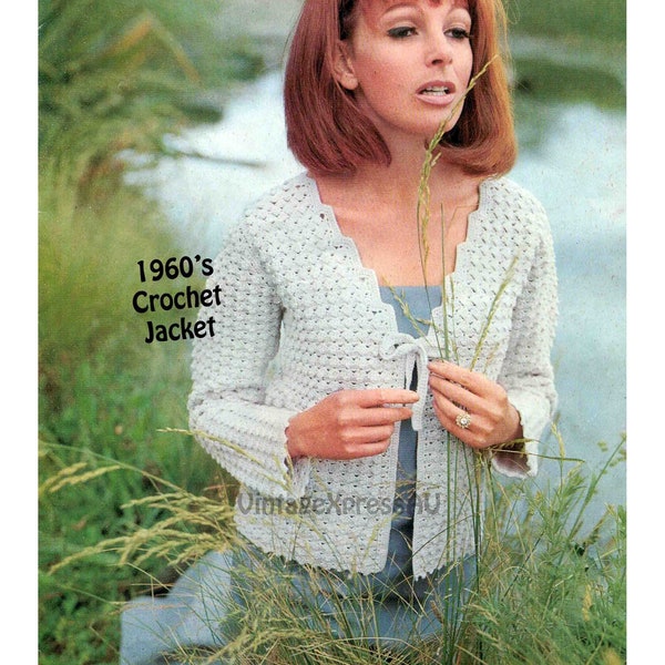 Evening Jacket Shell Stitch Crochet Pattern in ENGLISH Stepped Neckline 1960's Women's 3 sizes 32-38" 5 ply Vintage PDF digital download