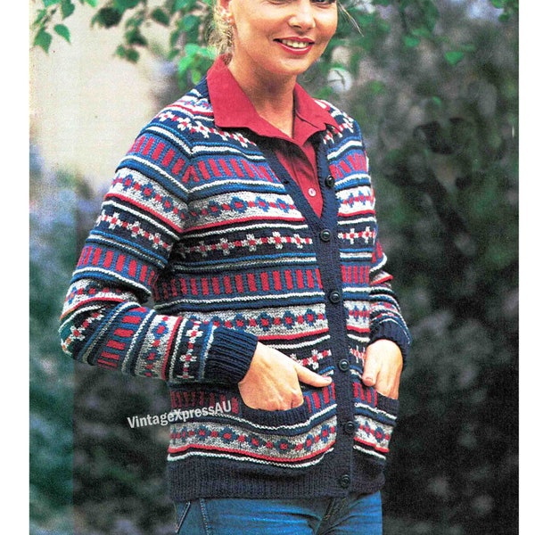 Fair Isle Knit Cardigan Jacket modèle de tricot vintage en ANGLAIS Multi taille 81-102 cms Ethnique PDF Téléchargement numérique