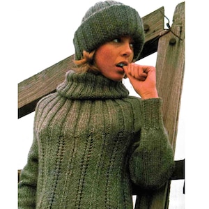 Long Smock & Hat knitting pattern Sweater Women's 2 sizes 80-90cm 31.1/2-35.1/2in Ribbed Yoke DK 8 ply PDF download in ENGLISH