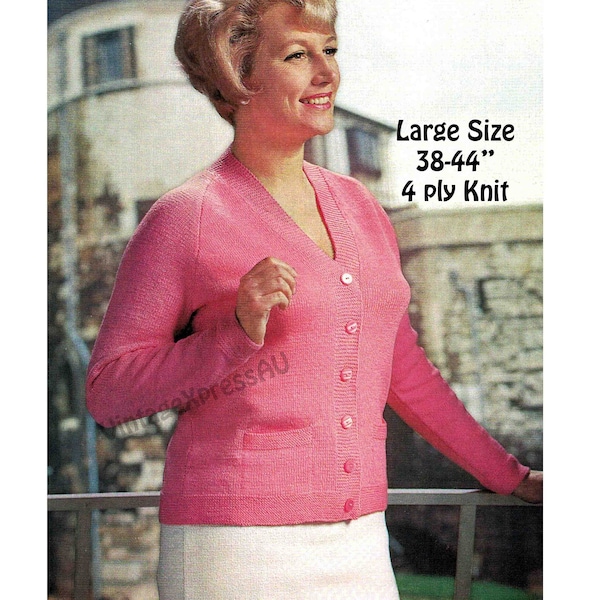 Cardigan Larger Size Lady's knitting pattern in ENGLISH Raglan sleeve Pocket 4 sizes 38-44" fingering 4 ply PDF digital download