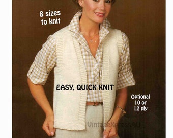 Sleeveless Vest Easy knitting pattern in ENGLISH Women's waistcoat open front 10 or 12 ply ~ Knitted in 1 piece ~ 8 sizes PDF download