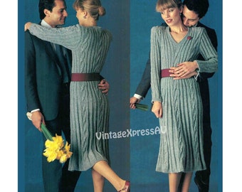Knitted Dress Wide Rib & Cable knitting pattern in ENGLISH Women's 5 sizes 75-95cm 29.1/2-37.1/2" DK 8 ply PDF download