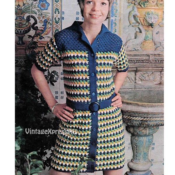 Buttoned 4-colour Crochet dress pattern Women 3 sizes 33-40" bust DK 8 ply Crocheted retro dress with collar & belt PDF Digital download