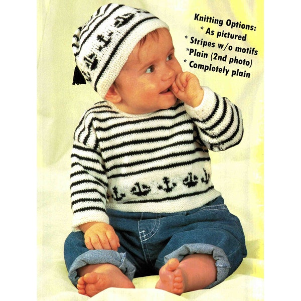 Sailor Sweater & Hat knitting pattern 4 ply fingering ~ Baby 6m - Child 3yrs ~ Knit as pictured or Plain ~ PDF Digital download