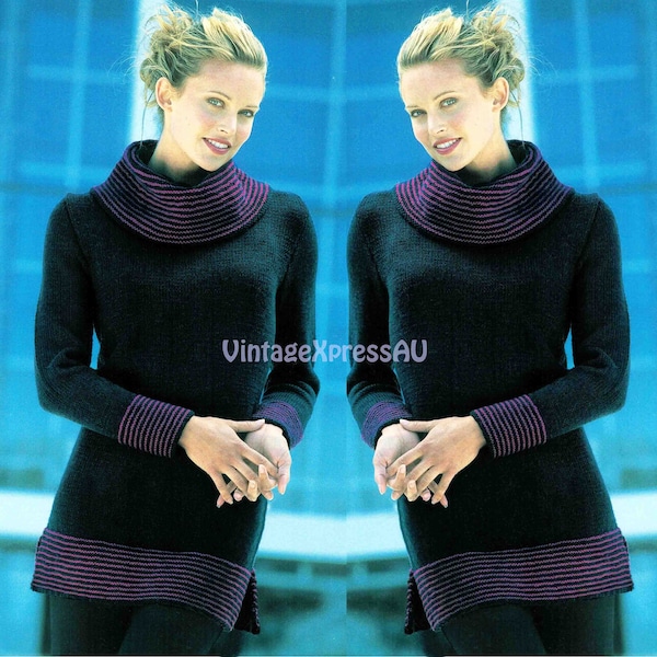 Tunic Dress Cowl or Crew neck Knitting pattern in ENGLISH Striped Collar & Edges 8 ply DK Women's 6 sizes 28-50" PDF digital download
