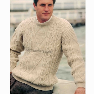 Aran Man&#39;s Sweater knitting pattern in ENGLISH Cable knit 8 ply DK Men&#39;s 4 sizes 32-46&quot; 81-117cms PDF digital download