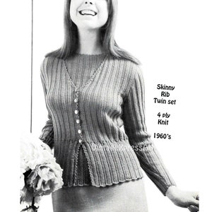 May include: Black and white photo of a woman wearing a knitted cardigan and skirt set. The set is described as "Skinny Rib Twin set, 4 ply Knit, 1960's".